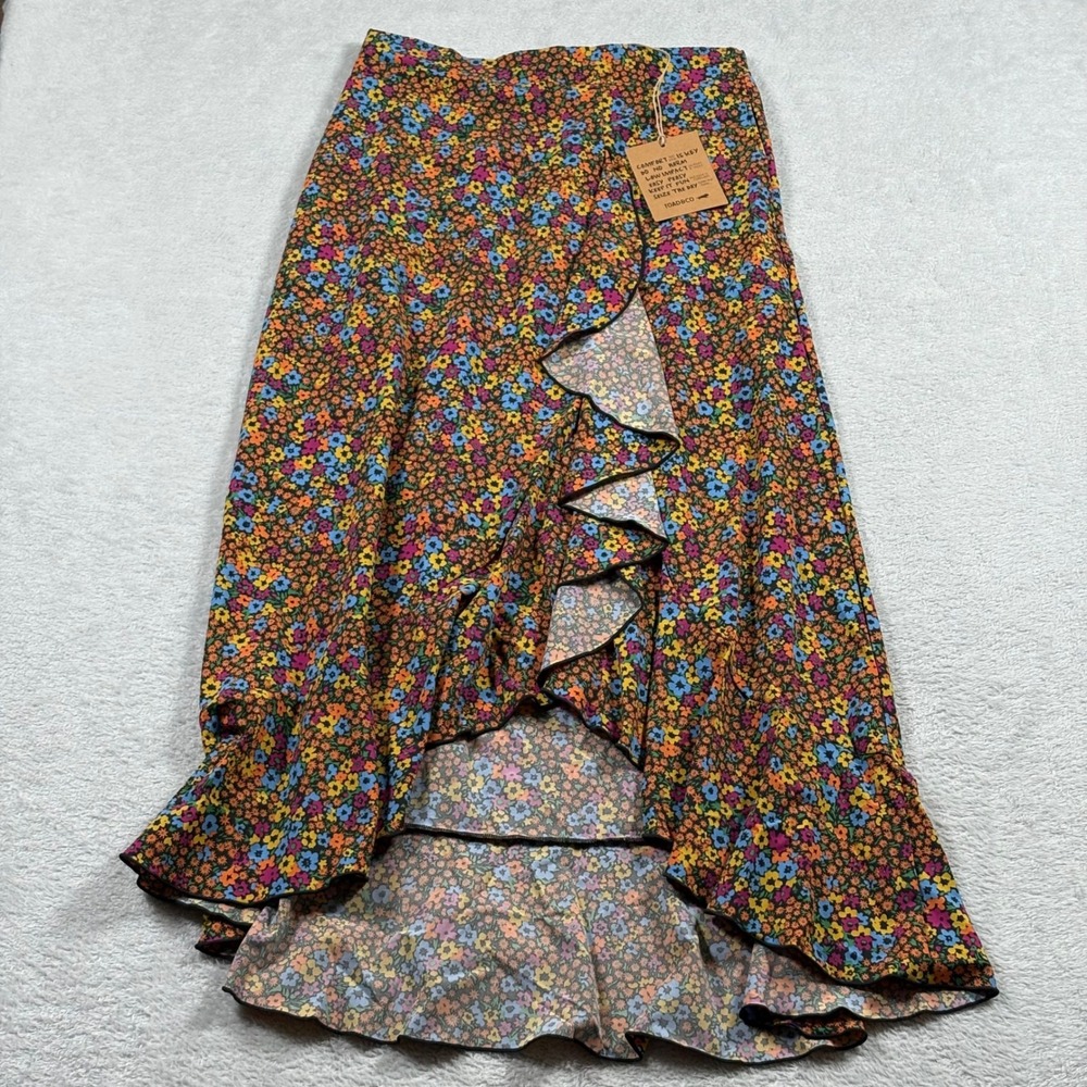 Toad&Co Sunkissed Wrap Skirt Black Micro Floral Print XS Ruffle High Low Skirt